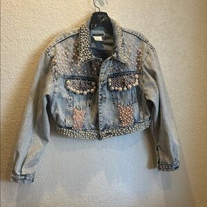 Vintage Embellished Denim Jacket with Pearl Accents